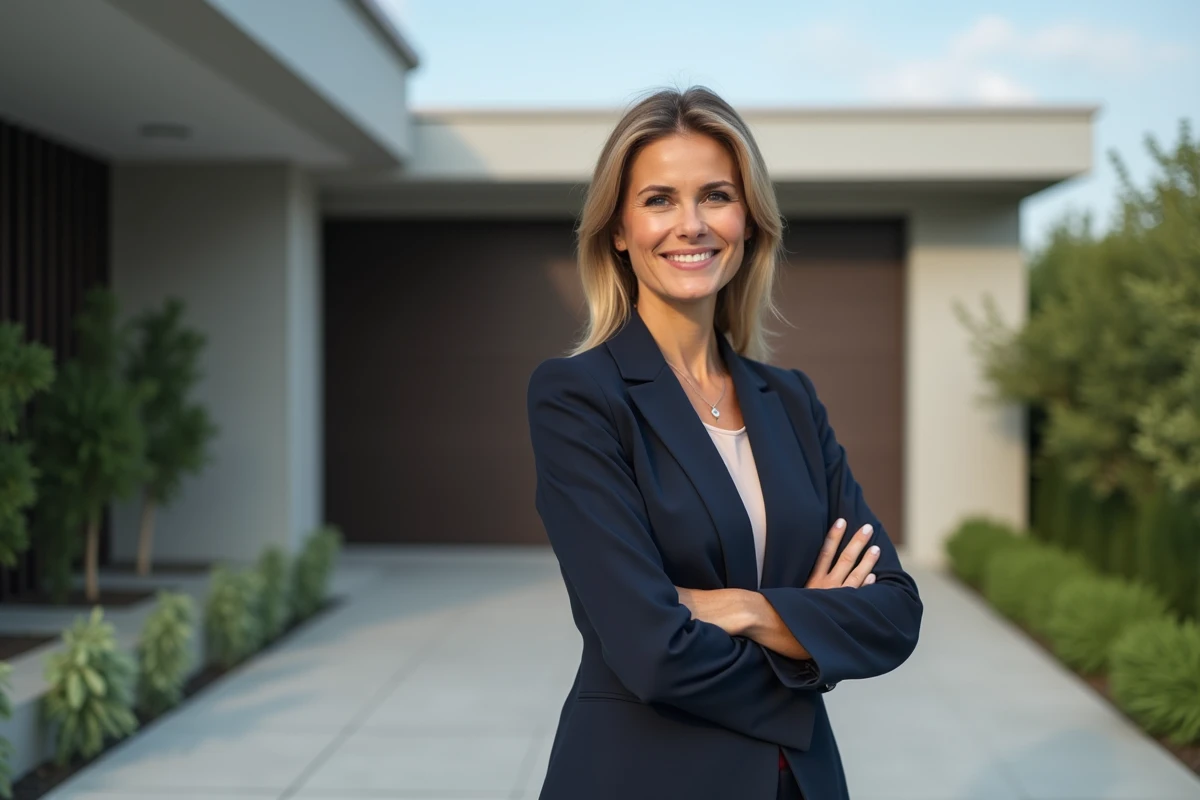 Femme confiante en extérieur devant une maison moderne