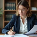 Femme professionnelle consultant des documents légaux pour son blog professionnel dans un bureau moderne