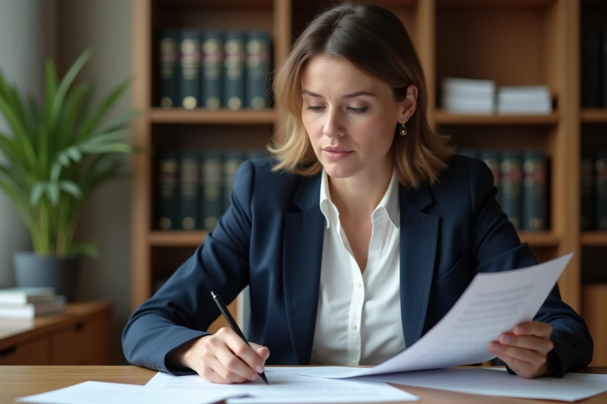 Femme professionnelle consultant des documents légaux pour son blog professionnel dans un bureau moderne