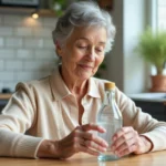 Femme âgée lisant une étiquette de bouteille d'eau