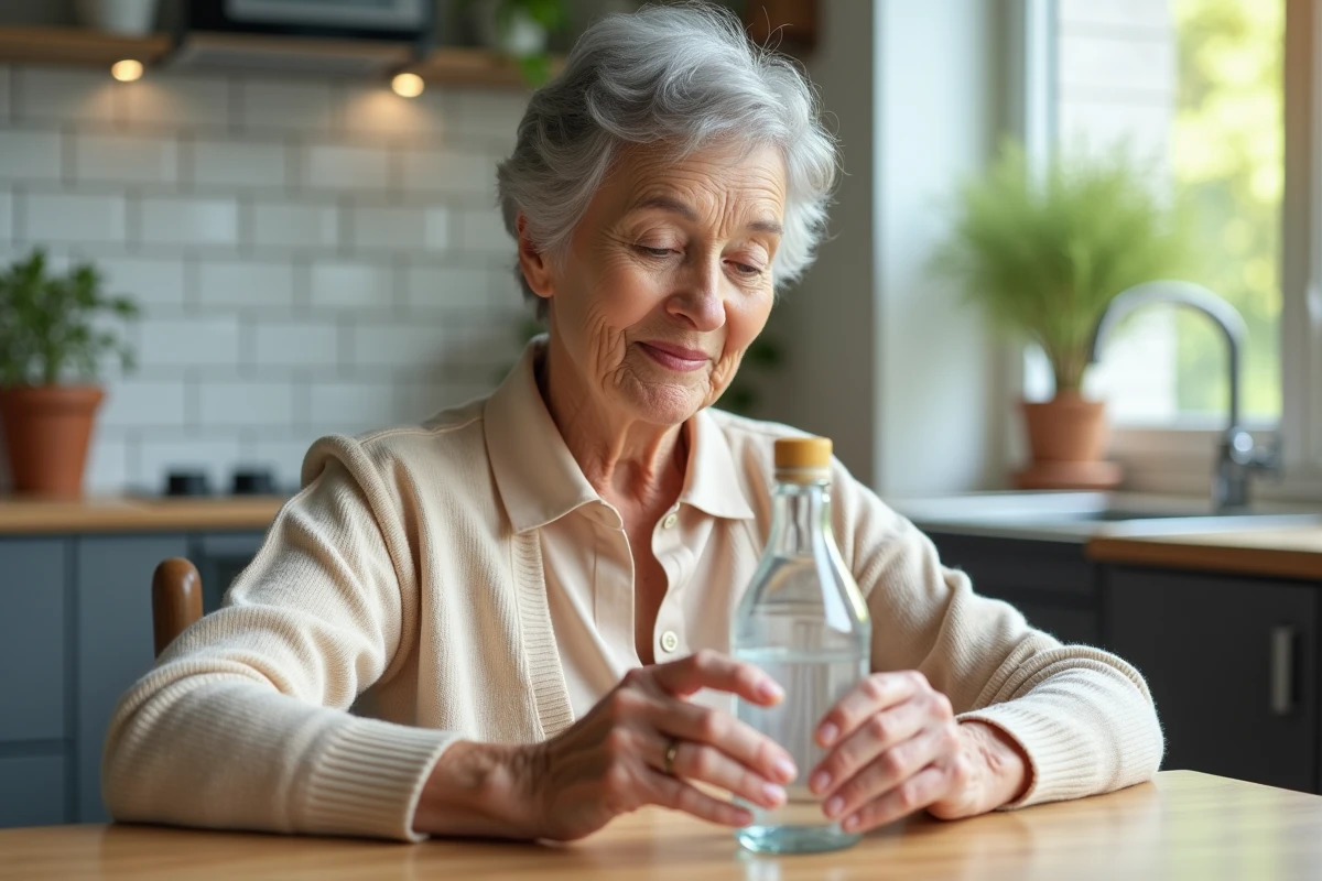 Femme âgée lisant une étiquette de bouteille d'eau