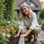 Femme souriante plantant des fleurs dans un jardin
