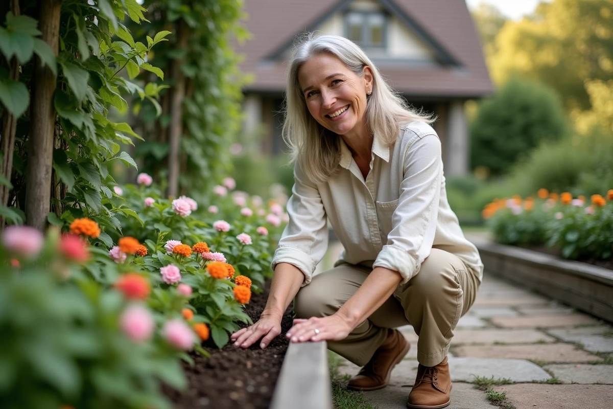 Femme souriante plantant des fleurs dans un jardin
