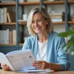 Femme lisant un livret A dans un bureau lumineux