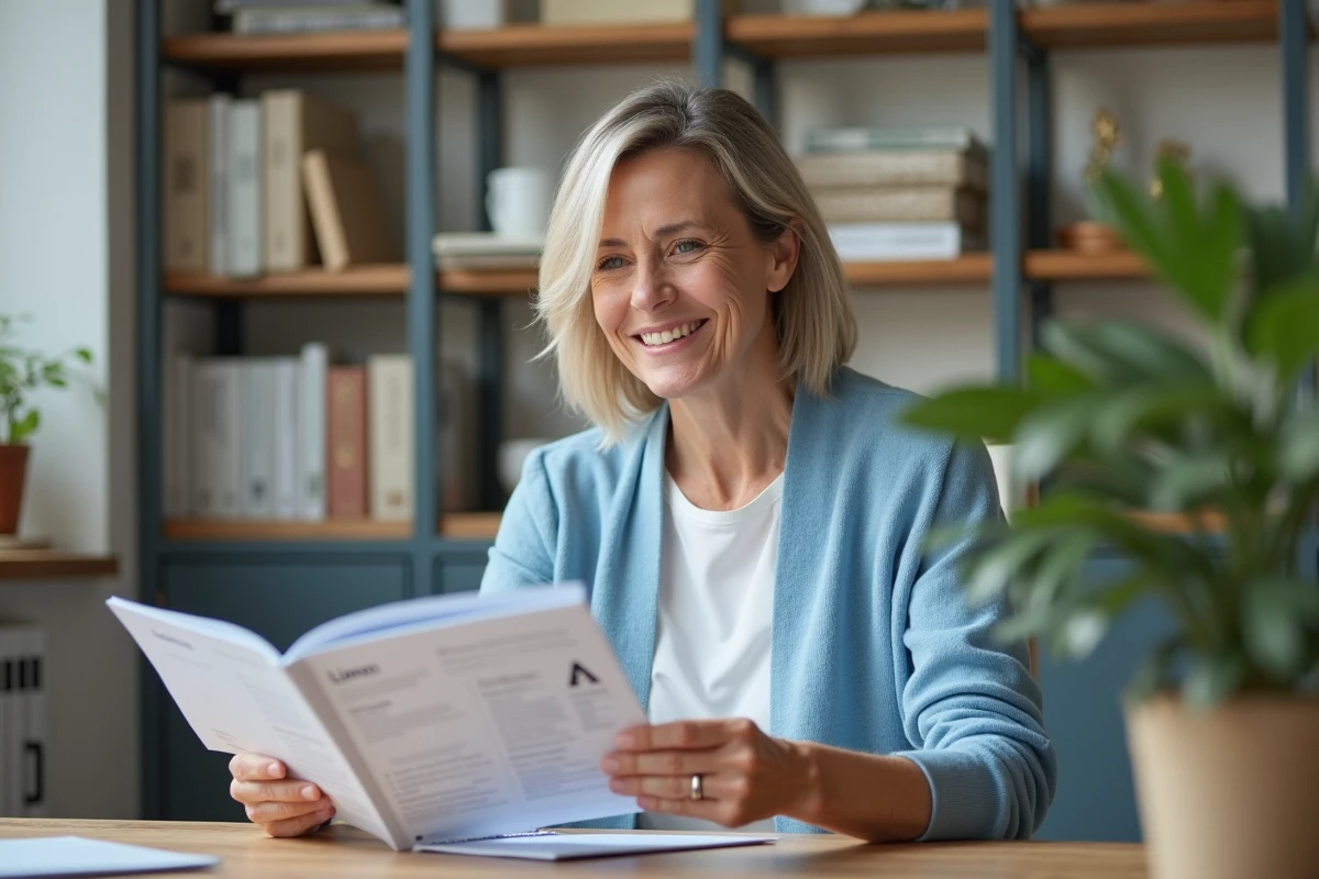 Femme lisant un livret A dans un bureau lumineux