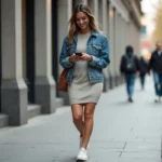 Femme élégante en denim et robe dans la ville