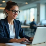 Femme professionnelle utilisant un CRM HubSpot sur son ordinateur portable dans un bureau moderne