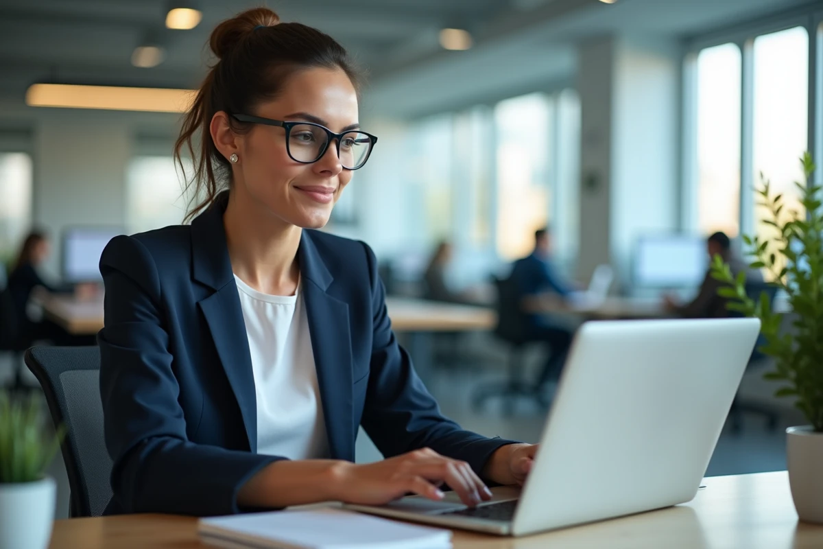 Femme professionnelle utilisant un CRM HubSpot sur son ordinateur portable dans un bureau moderne