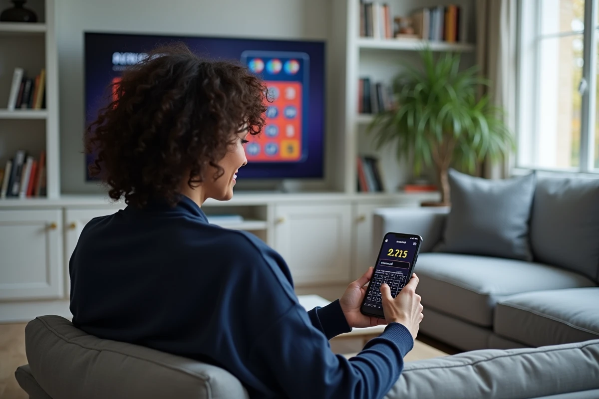 Femme consultant les résultats du tirage Keno du soir sur sa télévision