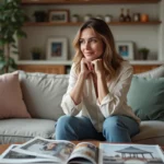 Femme détendue assise dans un salon lumineux et moderne