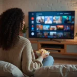 Femme regardant un film en streaming sur sa télévision dans un salon cosy en 2024