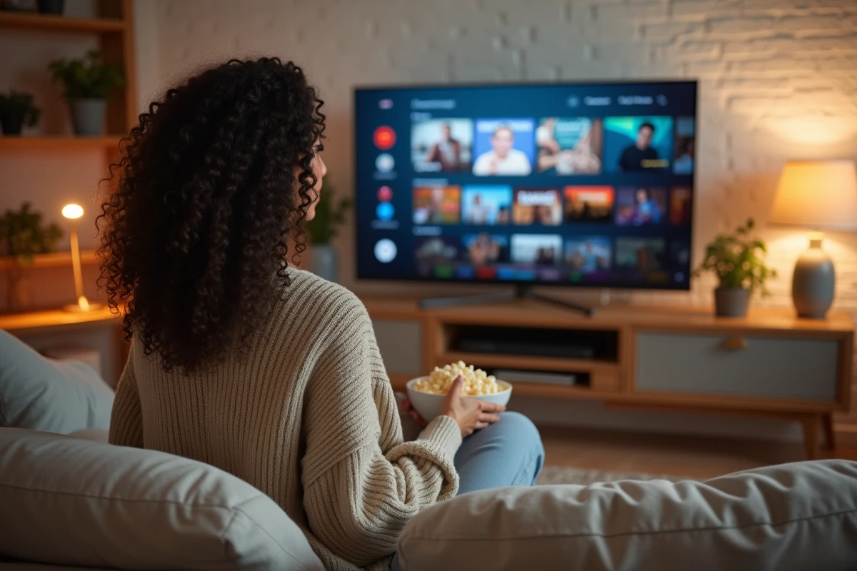 Femme regardant un film en streaming sur sa télévision dans un salon cosy en 2024
