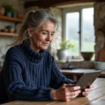 Femme bretonne utilisant une tablette numérique dans une cuisine en pierre traditionnelle de Bretagne