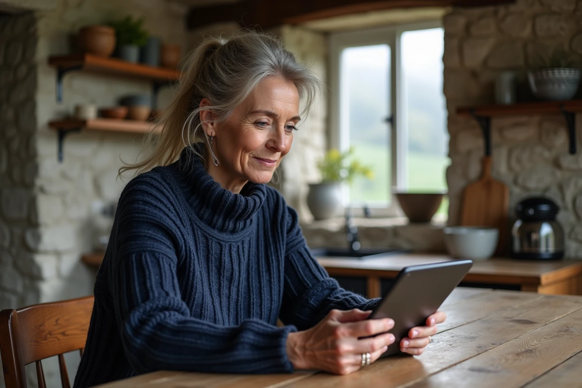 Femme bretonne utilisant une tablette numérique dans une cuisine en pierre traditionnelle de Bretagne