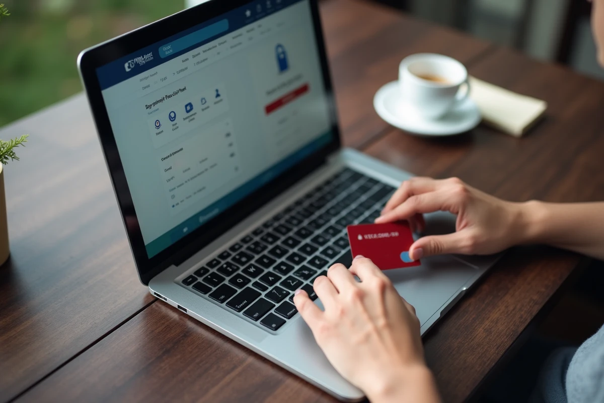 Gros plan de mains tenant une carte bancaire devant un écran affichant une page de paiement sécurisée avec cadenas HTTPS