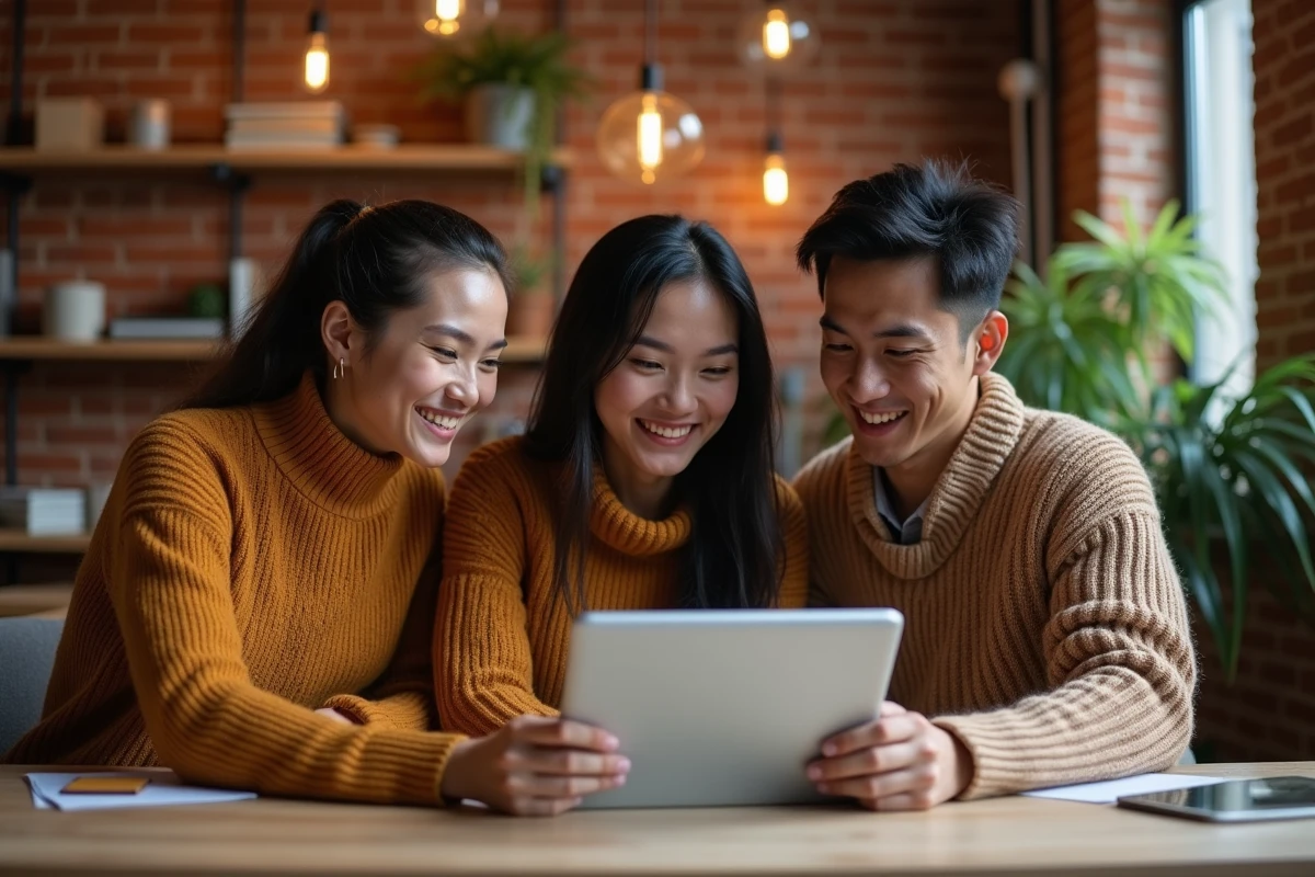 Groupe de jeunes créatifs collaborant autour d'un portfolio numérique dans un espace de co-working chaleureux