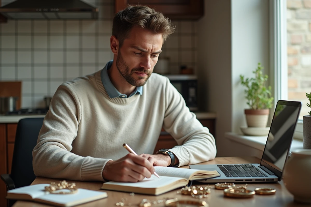 Homme examinant une broche en or dans la cuisine