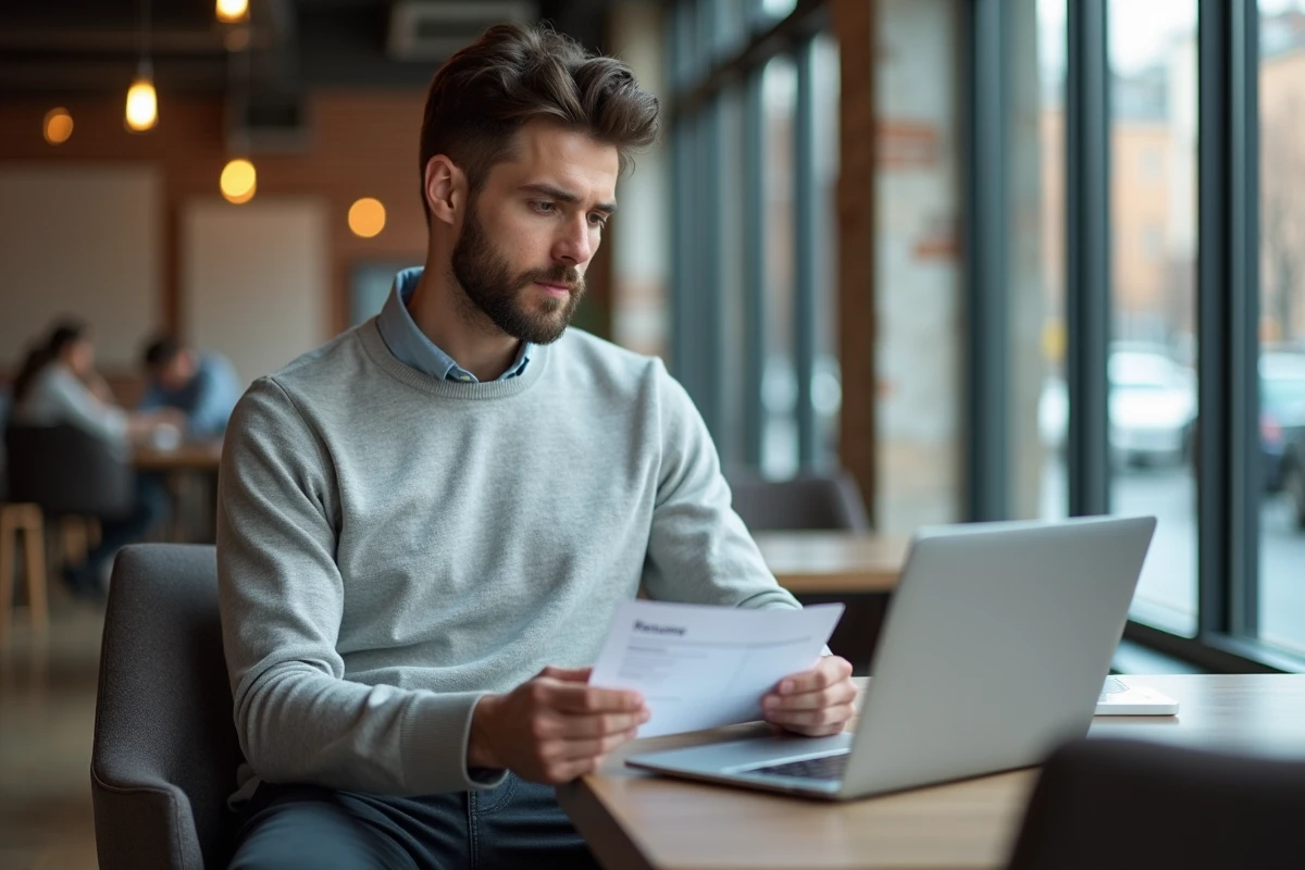Man comparing a printed CV and an online CV creation software in a modern coworking space