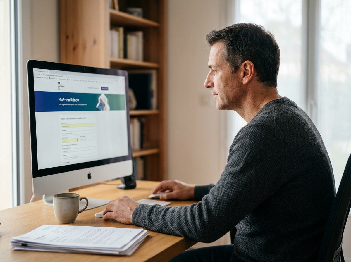 Homme remplissant un dossier MaPrimeRénov en ligne depuis son bureau à domicile