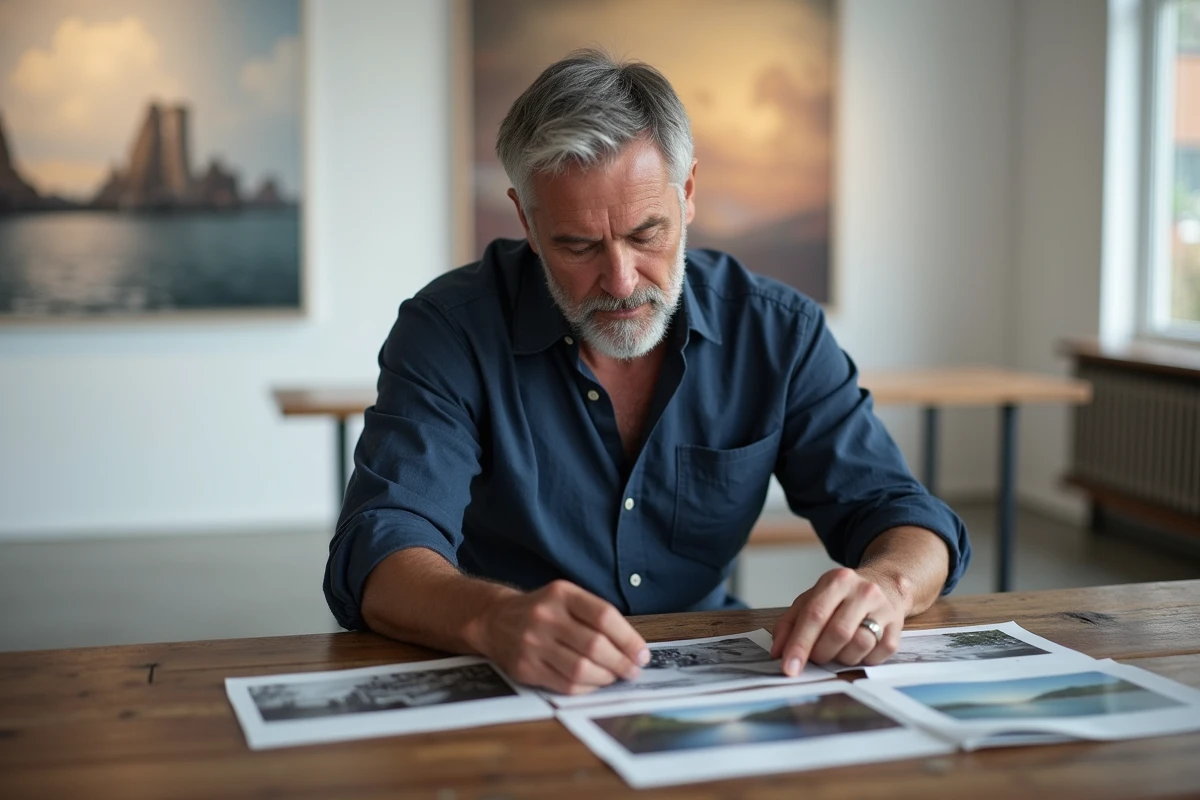 Homme examinant des photographies dans une galerie d'art contemporaine avec des œuvres encadrées en arrière-plan