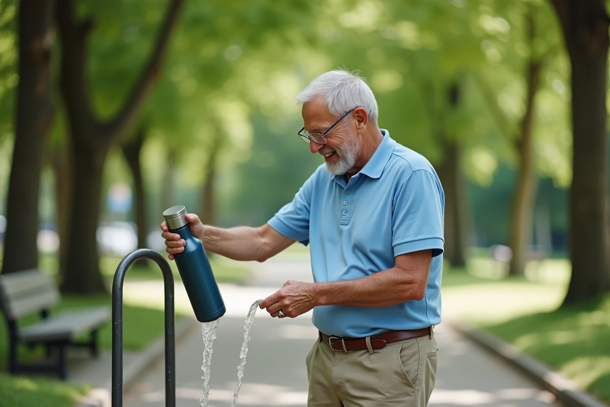 Homme âgé remplissant une bouteille d