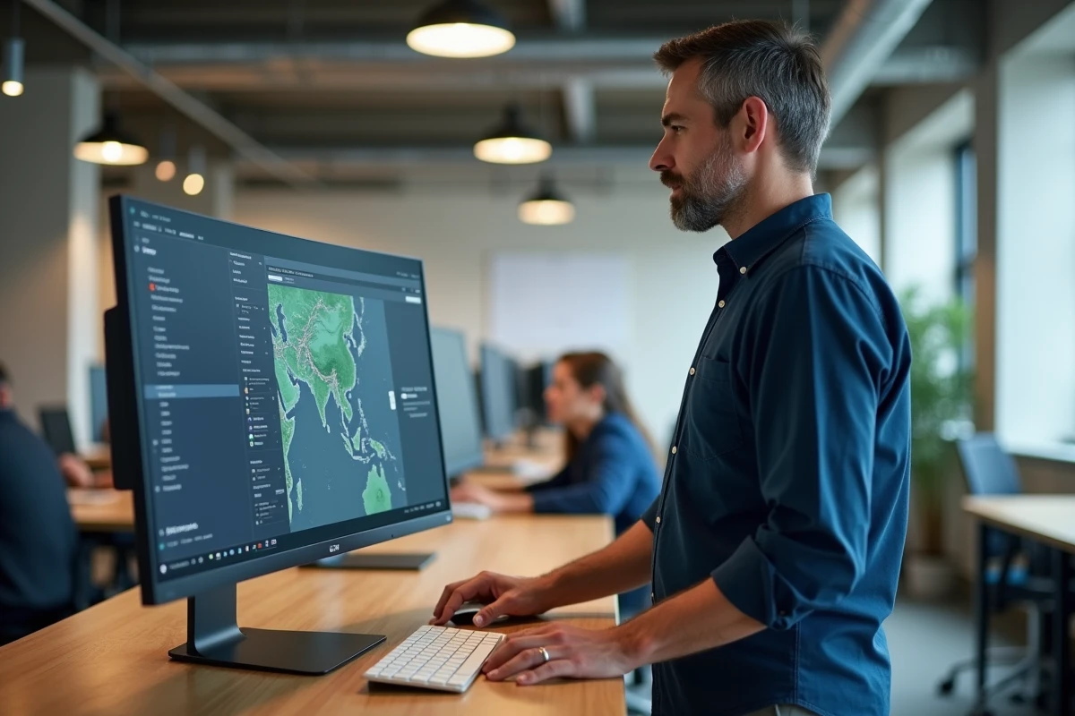 Homme parcourant le plan de navigation d'un site immobilier sur un grand écran dans un espace de coworking moderne