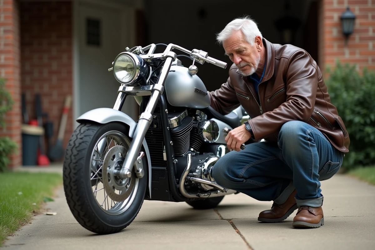 Homme réparant un trike personnalisé dans une cour résidentielle