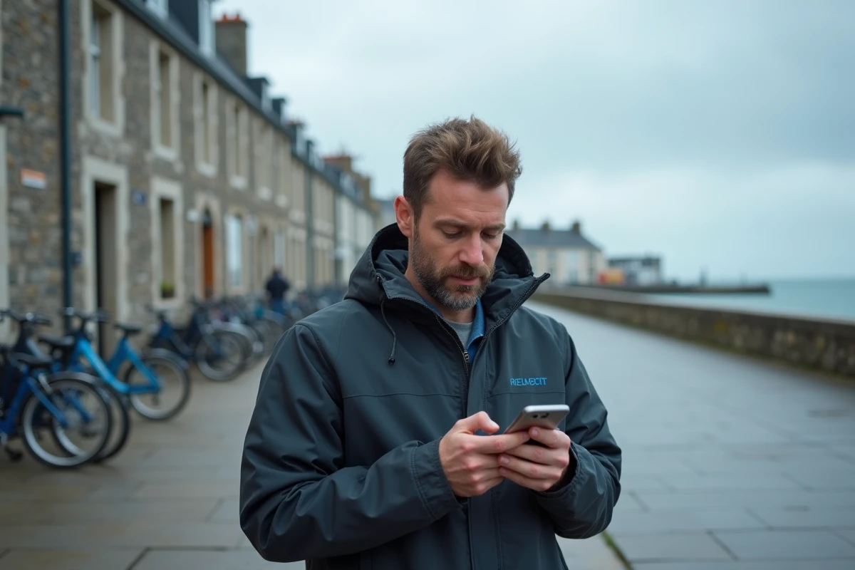 Homme consultant son smartphone sur une promenade côtière bretonne pour des astuces tech du quotidien
