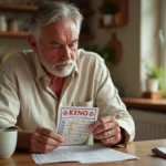 Homme vérifiant son ticket Keno du jour à la table de cuisine le matin