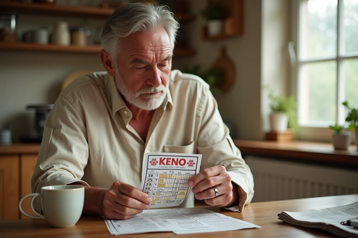 Homme vérifiant son ticket Keno du jour à la table de cuisine le matin