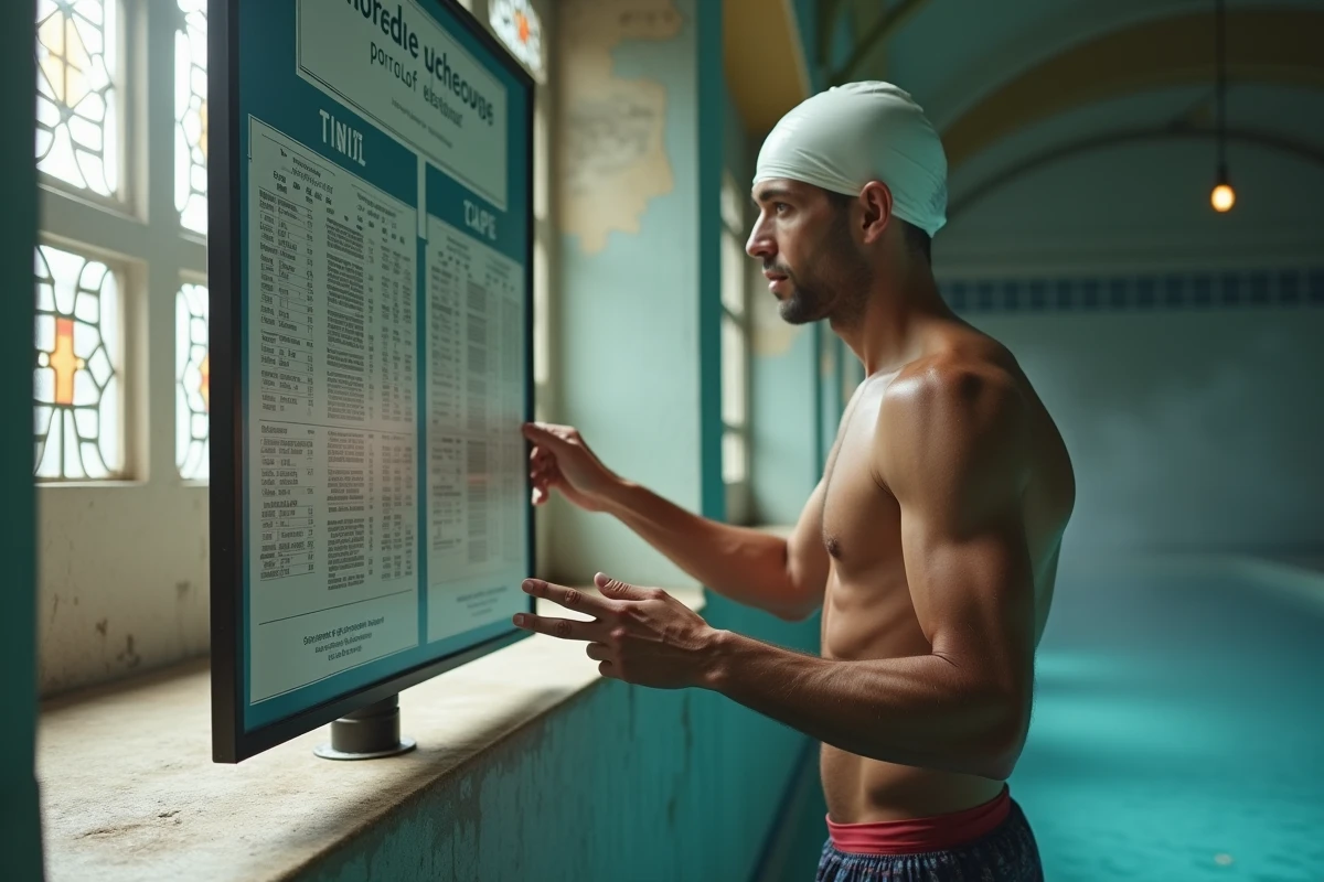 Homme consultant les horaires affichés à la piscine municipale de la Butte aux Cailles Paris