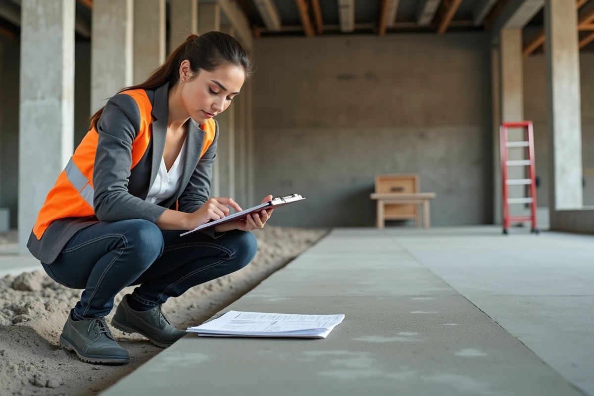 Ingénieure en génie civil inspectant un nouveau sol en ciment innovant sur un chantier de construction actif