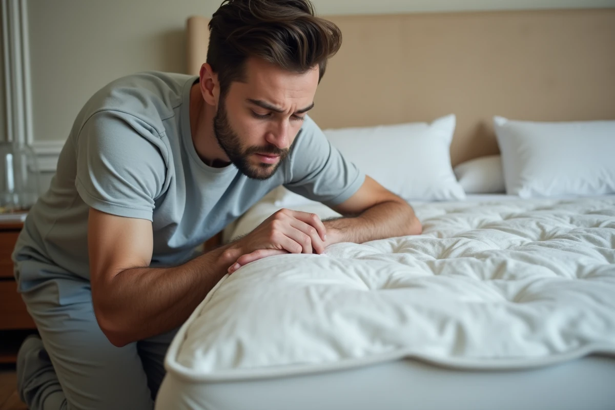 Personne inspectant les coutures d'un matelas à la recherche de petites bêtes noires dans une chambre à coucher