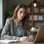 Jeune femme en bureau avec ordinateur et livre de grammaire