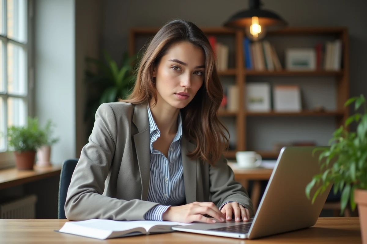 Jeune femme en bureau avec ordinateur et livre de grammaire