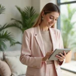 Jeune femme élégante naviguant sur une tablette dans un salon lumineux