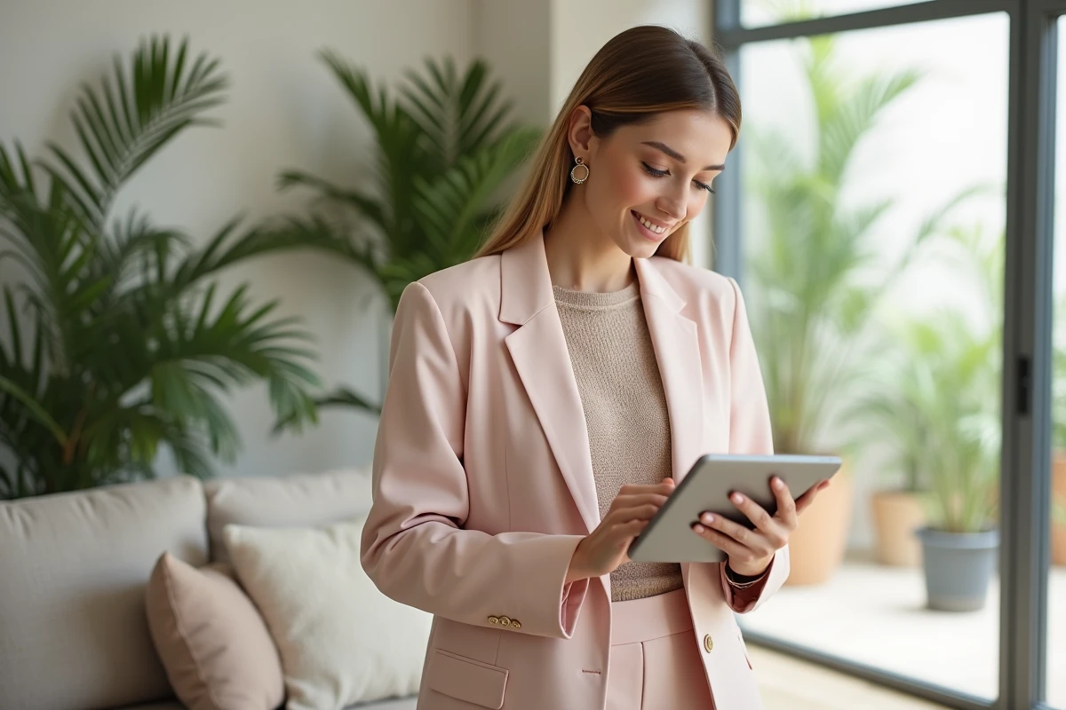 Jeune femme élégante naviguant sur une tablette dans un salon lumineux