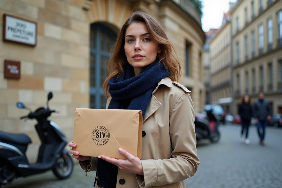 Jeune femme française avec enveloppe devant la prefecture