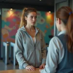 Jeune femme hésitante à la réception d'une salle de sport moderne