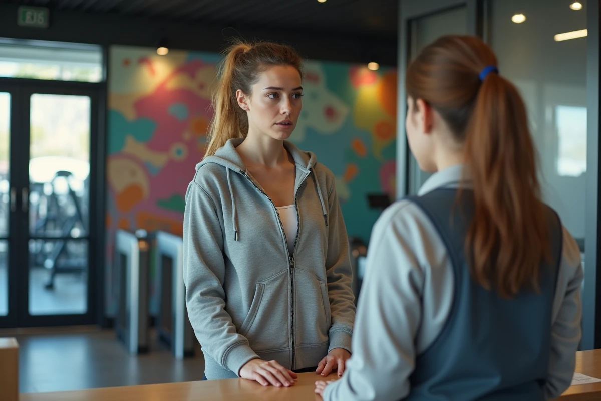 Jeune femme hésitante à la réception d'une salle de sport moderne