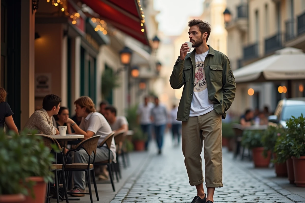Jeune homme stylé buvant un café en terrasse