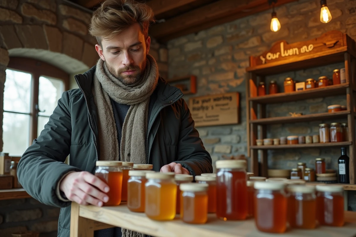 Jeune breton arrangeant des pots de miel dans une boutique locale
