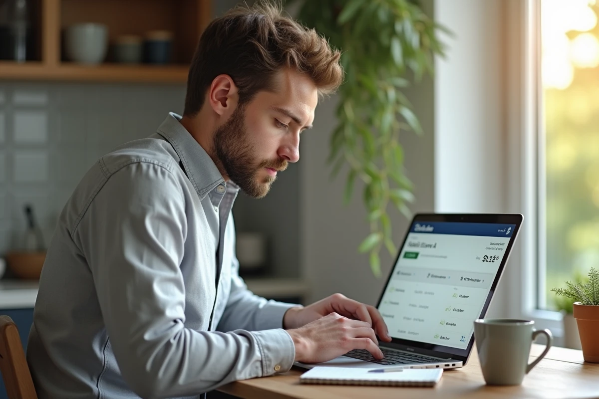 Jeune homme vérifiant son compte Livret A sur son ordinateur