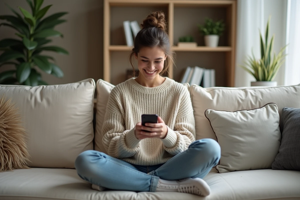 Maman souriante utilisant son smartphone pour rejoindre une communauté d'entraide en ligne depuis son salon