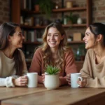Groupe de mamans réunies autour d'une table en bois pour partager des conseils et un moment de solidarité bienveillante