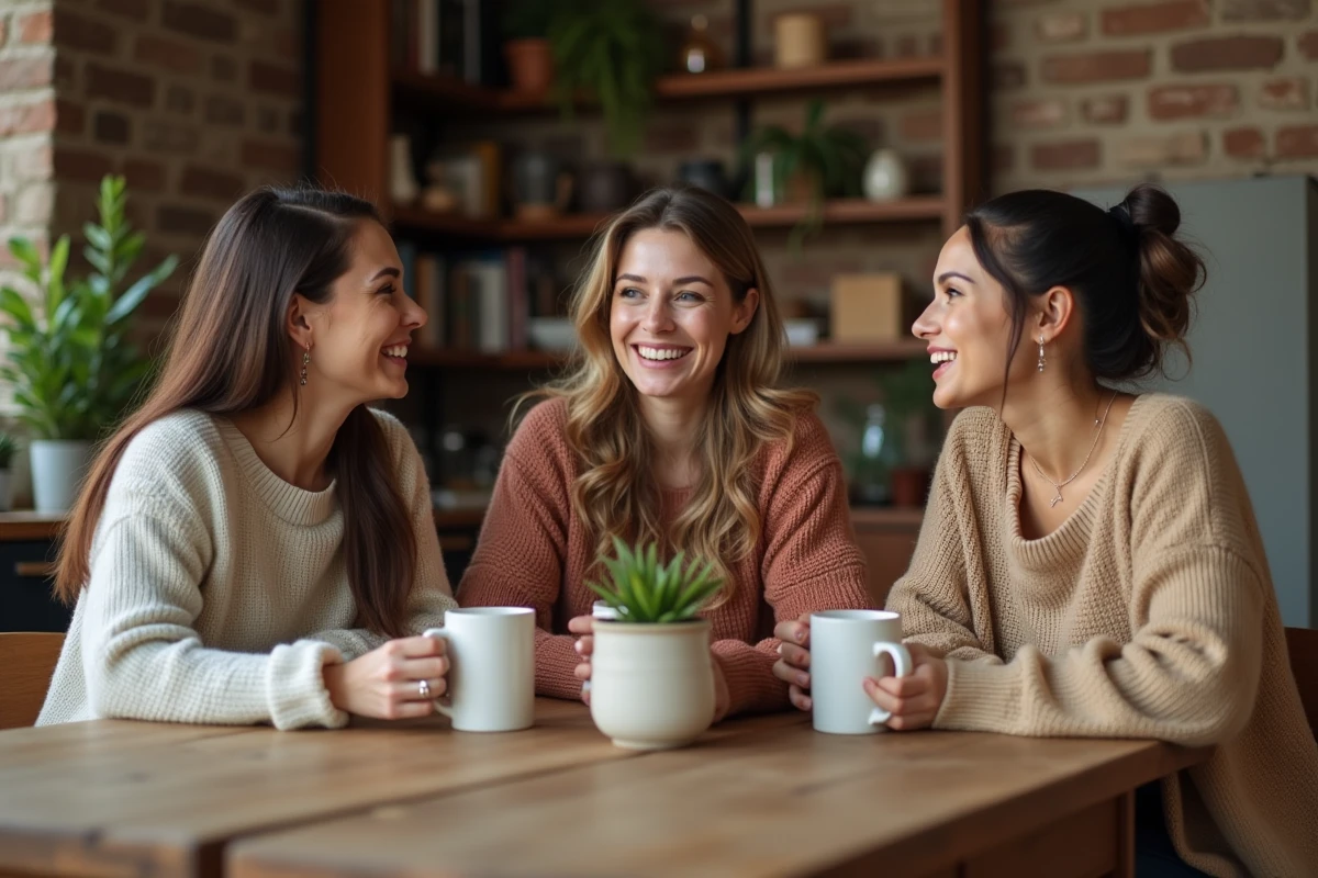 Groupe de mamans réunies autour d'une table en bois pour partager des conseils et un moment de solidarité bienveillante