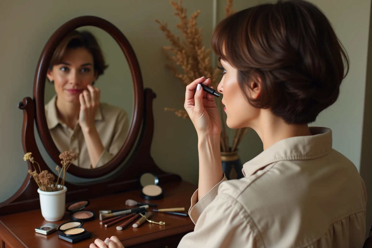 Femme d'âge mûr se maquillant devant une coiffeuse en bois vintage avec miroir et accessoires de beauté