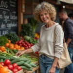 Femme bretonne souriante choisissant des produits frais au marché