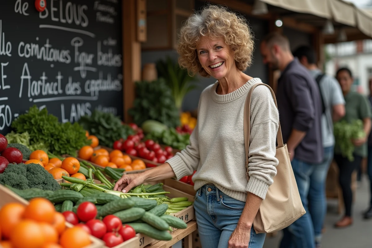 Femme bretonne souriante choisissant des produits frais au marché
