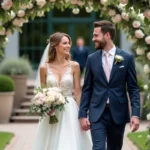 Jeune couple de mariés souriants en extérieur lors d'un mariage